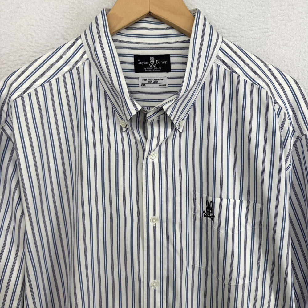 PSYCHO BUNNY Shirt Men 2XL Robert Godley Oxford Stripe Single Needle Cotton Blue